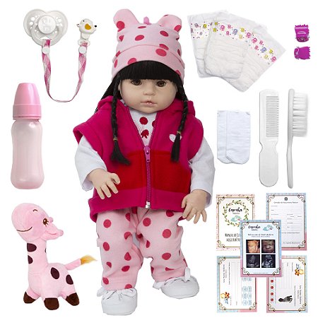 Boneca Bebê Reborn Real Girafinha Morena Bolsa Maternidade