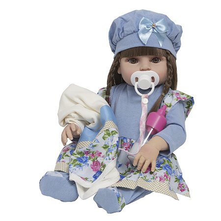 Boneca Reborn Silicone Enxoval Completo Vestido Florido Azul