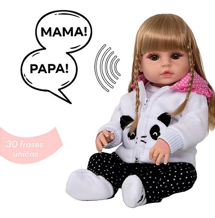 Boneca Reborn Realista Loira Panda Enxoval Bolsa 30 Frases