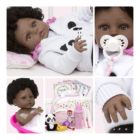 Boneca Reborn Realista Negra Linda Enxoval Panda Itens Luxo