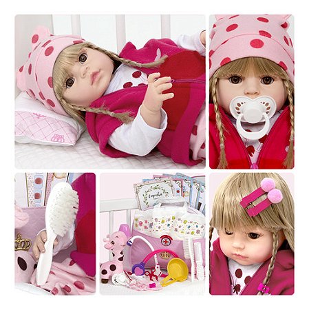 Boneca Bebe Reborn Silicone Girafinha Loira Com Vários Itens