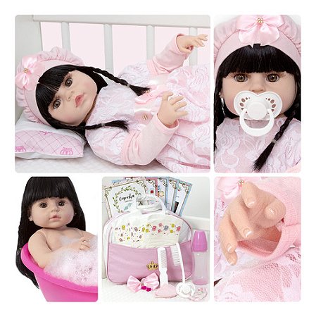Boneca Bebe Reborn Gatinha Morena Fofa Acessórios Promoção