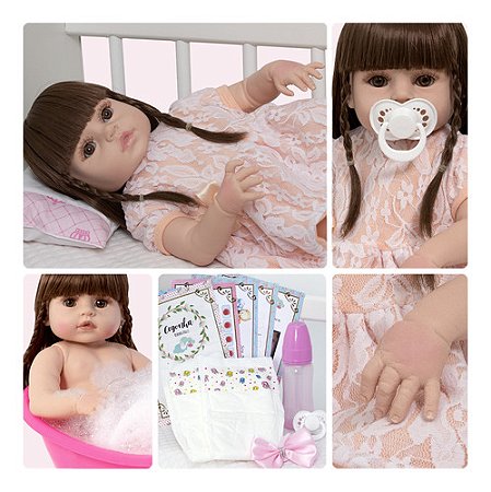 Boneca Reborn De Silicone Cabelo Castanho Linda 13 Itens
