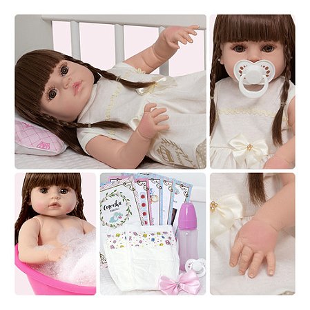 Boneca Reborn Realista Menina Cabelo Castanho Kit Itens