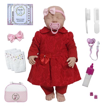 Bebê Reborn Menina Realista Olhos Fechados Vestido Vermelho