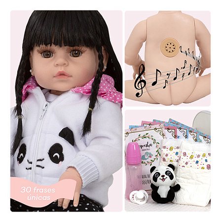 Boneca Reborn Realista Menina Pandinha Morena Baby 30 Frases