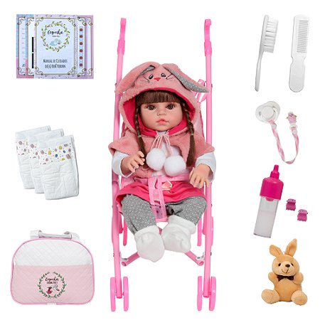 Boneca Reborn Realista Coelhinha Bolsa Itens Com Carrinho