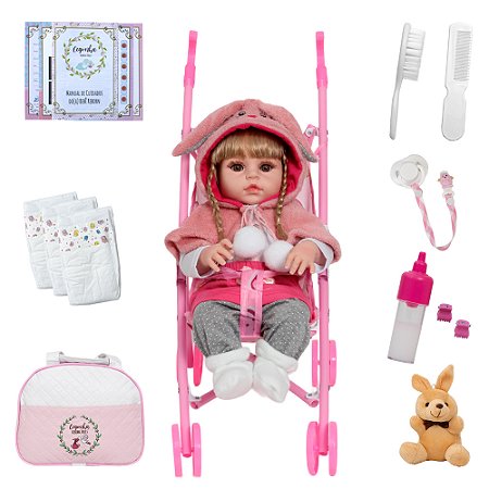 Boneca Reborn Realista Enxoval Coelhinha Com Carrinho Rosa