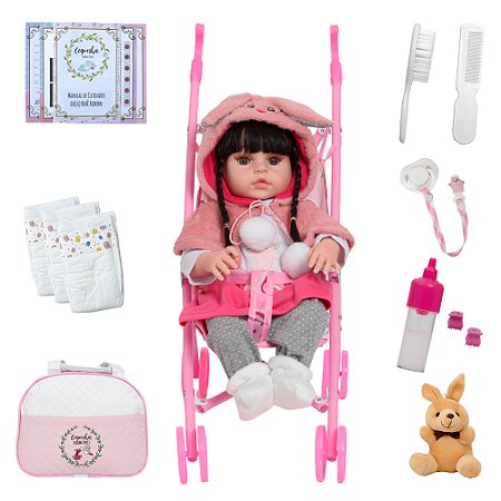 Boneca Reborn Morena Menina Coelhinha Linda Com Carrinho