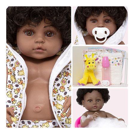 Boneca Reborn Realista Negra Girafa Saída De Banho 13 Itens