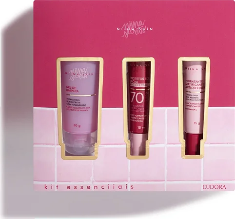 Kit Essenciiais Niina Skin: Gel de Limpeza 30ml + Hidratante Matificante 15g + Protetor Solar 15ml