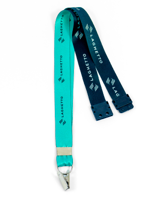 Cordão para crachá com personalização digital, largura 20mm, acabamento Jacaré com fixador + argola + trava de segurança