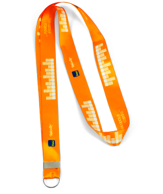 Cordão para crachá com personalização digital, largura 20mm, acabamento de argola