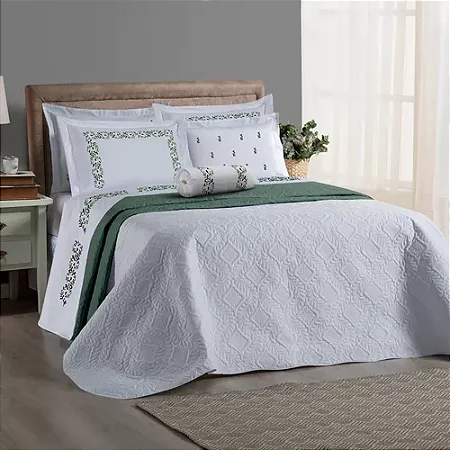 Kit Cobre Leito Casal Queen Size Bordado com Almofada Cheia 4 Peças