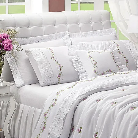 Kit Cobre Leito Queen Size 100% Algodão Bordado Luxo 6 Peças Branco