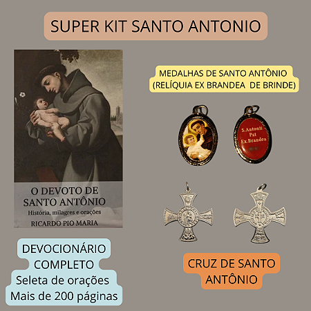 SUPER KIT SANTO ANTONIO - CRUZ de Santo Antonio + O devoto de Santo Antônio  mais Medalha com relíquia ex linteis (brinde)-  FRETE GRÁTIS