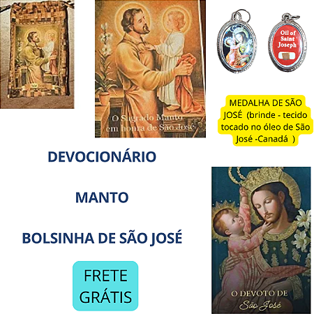 SUPER KIT SÃO JOSÉ - DEVOCIONÁRIO + MEDALHA com tecido tocado no oleo de São José + Manto + Bolsinha e frete grátis