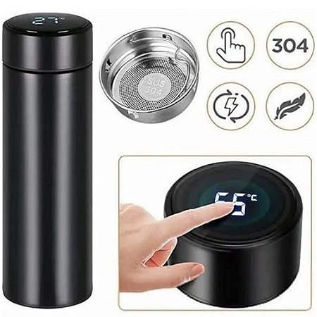 Garrafa Térmica Led com Termômetro - (Personalizado)-Preto