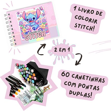 Kit Livro Colorir Stitch + Estojo 60 Canetas Coloridas Kids - Rosa