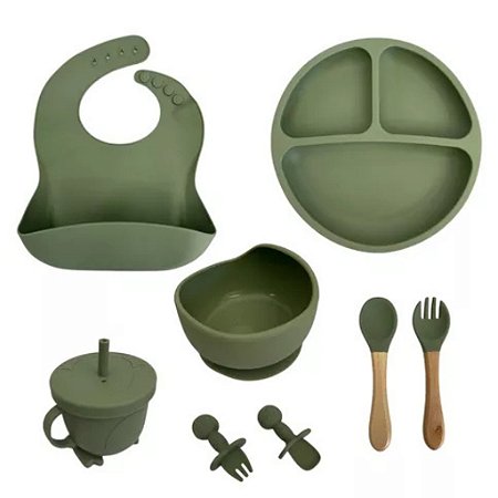 Kit Introdução Alimentar Bebê Utensílios em Silicone Premium 8 Pçs BBL-54- Verde Escuro
