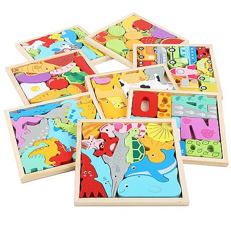 Brinquedo Educativo Com 16 Quebra Cabeça Puzzle 3d Madeira - Cubo