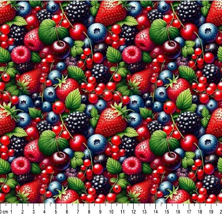Tecido Tricoline Digital, Estampa 3D de Frutas Vermelhas, Morango, Mirtilo e Framboesa 50cm x 150cm Caldeira