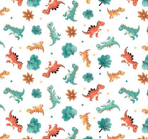 Tecido Tricoline Estampado Dinossauros T-Rex, 150cm x 50cm, Caldeira, Tecido Infantil em Branco com Estampa Colorida