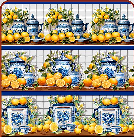 Tecido Tricoline Digital Barrado Coleção Bom Sabor Lemon Pepper, Estampa com Limões e Porcelana Portuguesa, 55 x 150 cm