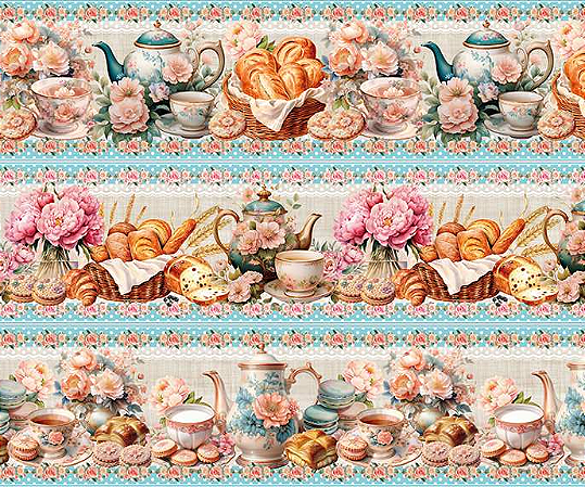 Tecido Tricoline Digital Barrado Bom Dia, Café da Manhã, 55x150 cm, Fernando Maluhy