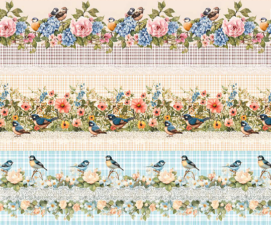 Tecido Tricoline Digital Barrado Pássaros 55x150 cm, Fernando Maluhy, Estampa com passarinhos e flores