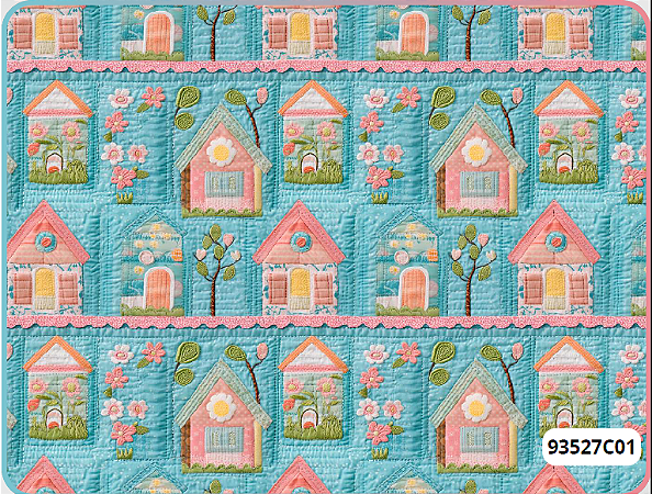 Tecido Tricoline Digital Coleção Quilted Garden Casinhas 50x150cm Fernando Maluhy Azul Turquesa e Rosa