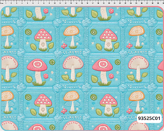 Tecido Tricoline Digital Coleção Quilted Garden Estampa de Cogumelos 50x150cm Fernando Maluhy Azul Turquesa
