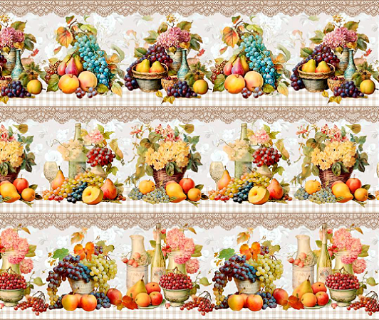 Tecido Tricoline Digital Barrado Frutas Vintage 55x150cm Fernando Maluhy - 10 Faixas de 15cm cada