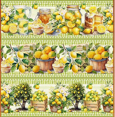 Tecido Tricoline Digital Barrado Limão Fernando Maluhy 55x150 cm Pano de Prato Mesa Posta Artesanato