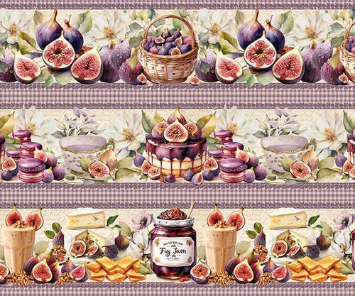 Tecido Tricoline Digital Barrado Estampa Figos 55x150cm, 10 faixas de 15cm, Fernando Maluhy