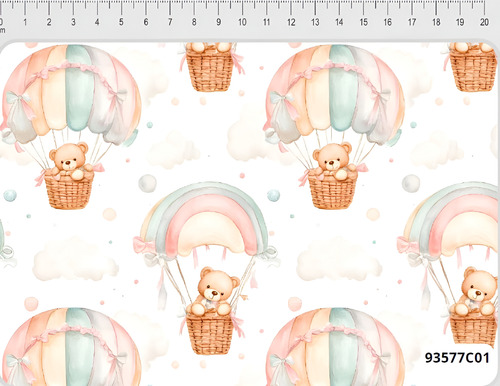 Tecido Tricoline Digital Estampado Coleção Heaven, Ursos com Balão, 100% Algodão, Fernando Maluhy, 50x150cm