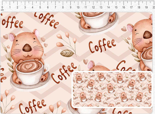 Tecido Tricoline Digital Estampado Coleção Capybara, Capivara Coffee, 50x150cm, Fernando Maluhy