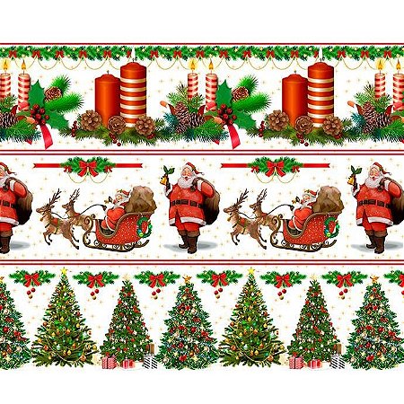 Tecido Tricoline Digital Barrado de Natal 100% Algodão 55x150cm Fernando Maluhy, Sinos, Guirlandas, Presentes, Árvores,