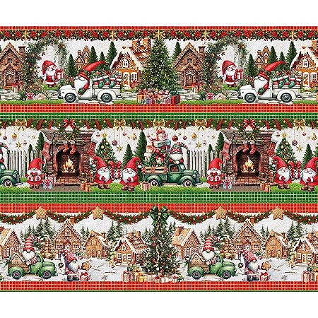 Tecido Tricoline Digital Barrado de Natal, Duendes, 100% Algodão 55x150cm Fernando Maluhy, Tema Natalino