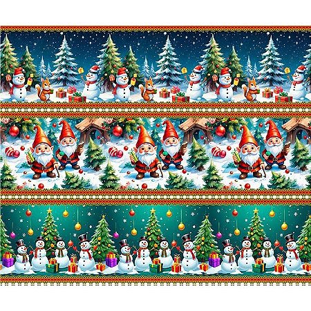 Tecido Tricoline Digital Barrado de Natal Boneco de Neve Duende Papai Noel, 100% Algodão, 55x150cm, Fernando Maluhy