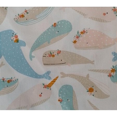 Tecido Tricoline Estampado 100% Algodão, Coleção Mundo Mágico Fundo do Mar Baleias, 50x140cm, Fernando Maluhy