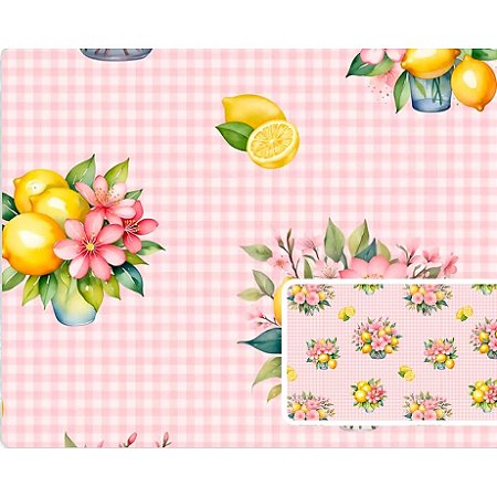 Tecido Tricoline Digital Fernando Maluhy Coleção Pink Lemonade Limão e flores fundo xadrez 50 x 150 cm