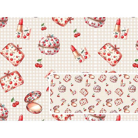 Tecido Tricoline Digital Fernando Maluhy Coleção Cherry Kitties Maquiagem 50x150 cm, 100% Algodão