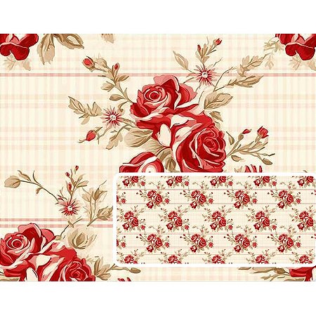 Tecido Tricoline Digital Fernando Maluhy Coleção Vintage Red Rosas Grandes, 50x150 cm, 100% Algodão