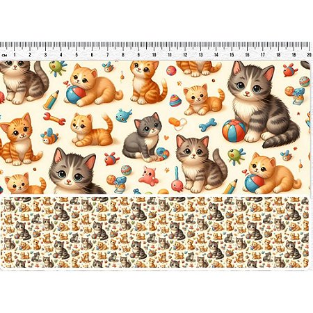 Tecido Tricoline digital Fernando Maluhy Coleção Cats Gatos e brinquedos 50 x 150 cm
