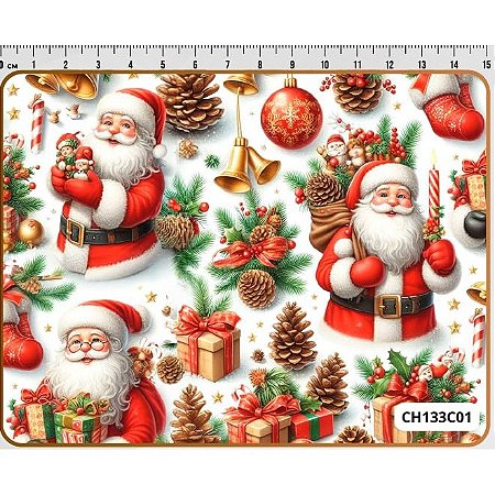 Tecido Tricoline Digital Fernando Maluhy Papai Noel pinhas e presentes 50 x 150 cm