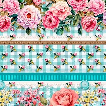 Tecido Tricoline Digital Coleção Flower Love Cris Poletto Barrado Tiffany 55x150 cm