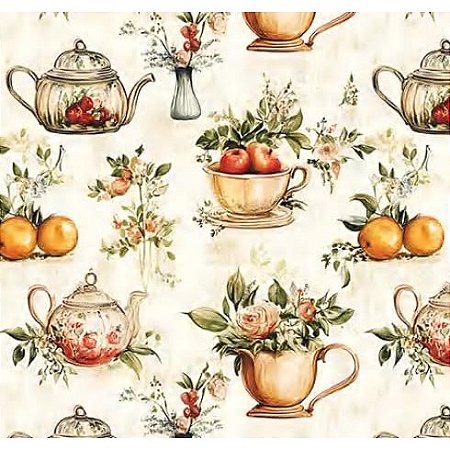 Tecido Tricoline Digital Fernando Maluhy Coleção Vintage Kitchen bules e xícaras 50 x 150 cm