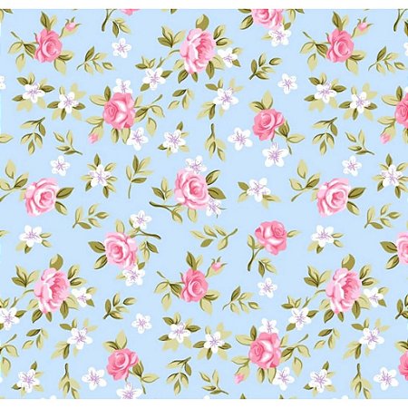 Tecido Tricoline Estampado Floral Lucia Azul com Rosa cor - 05, 50x150cm Tecidos Caldeira, 100% Algodão