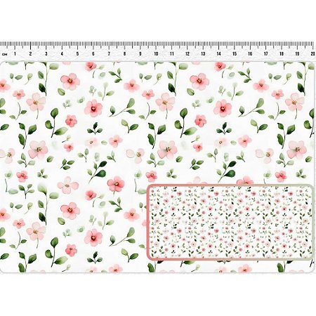 Fernando Maluhy Tecido Tricoline Digital, Coleção Giardino Floral Pequeno, Branco com Flores Rosa, 50 x 150 cm